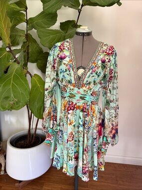 Camilla Brand Floral V-Neck Long Sleeve Mini Dress with Beading.